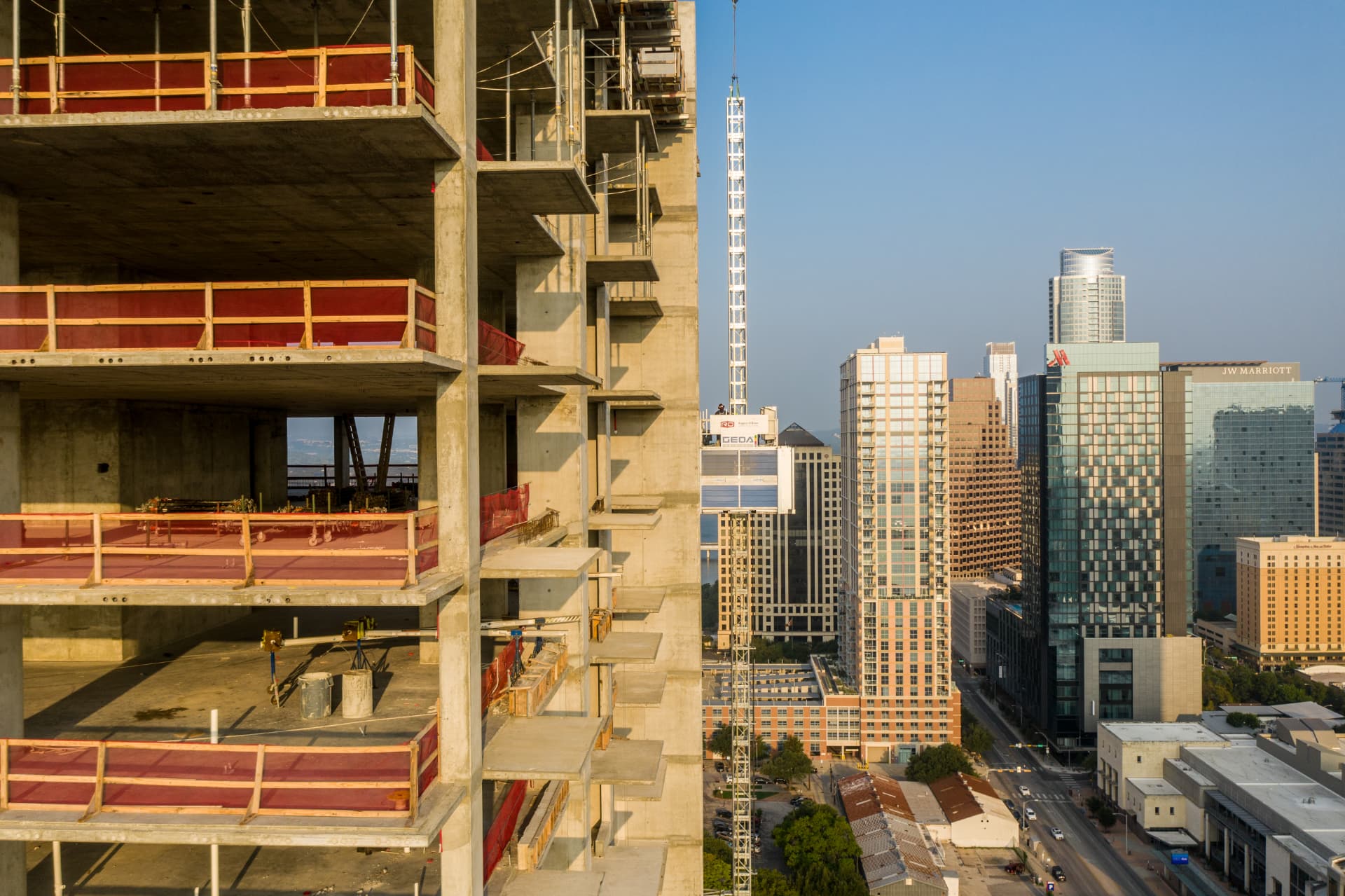 Downtown Austin skyline seen from a high-rise construction floor